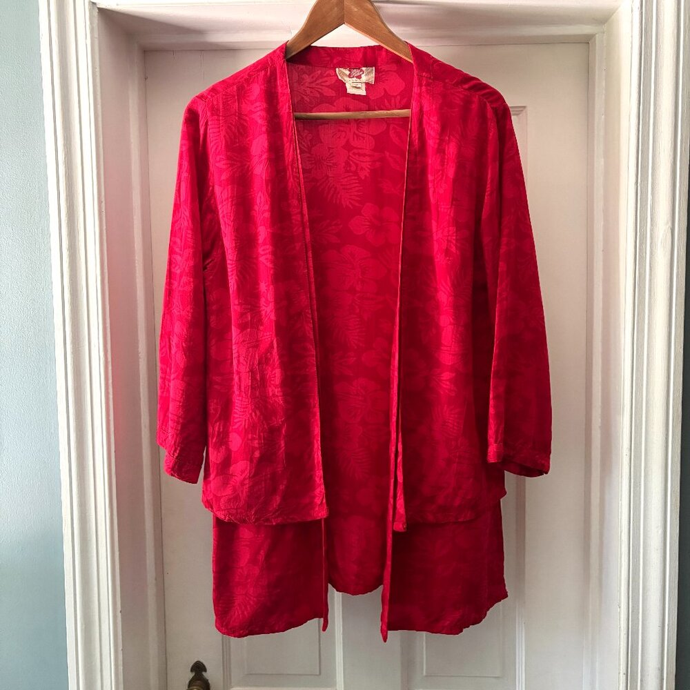 Vintage Hilo Hattie Red Hibiscus Hawaii Kimono Jacket Open Front Medium